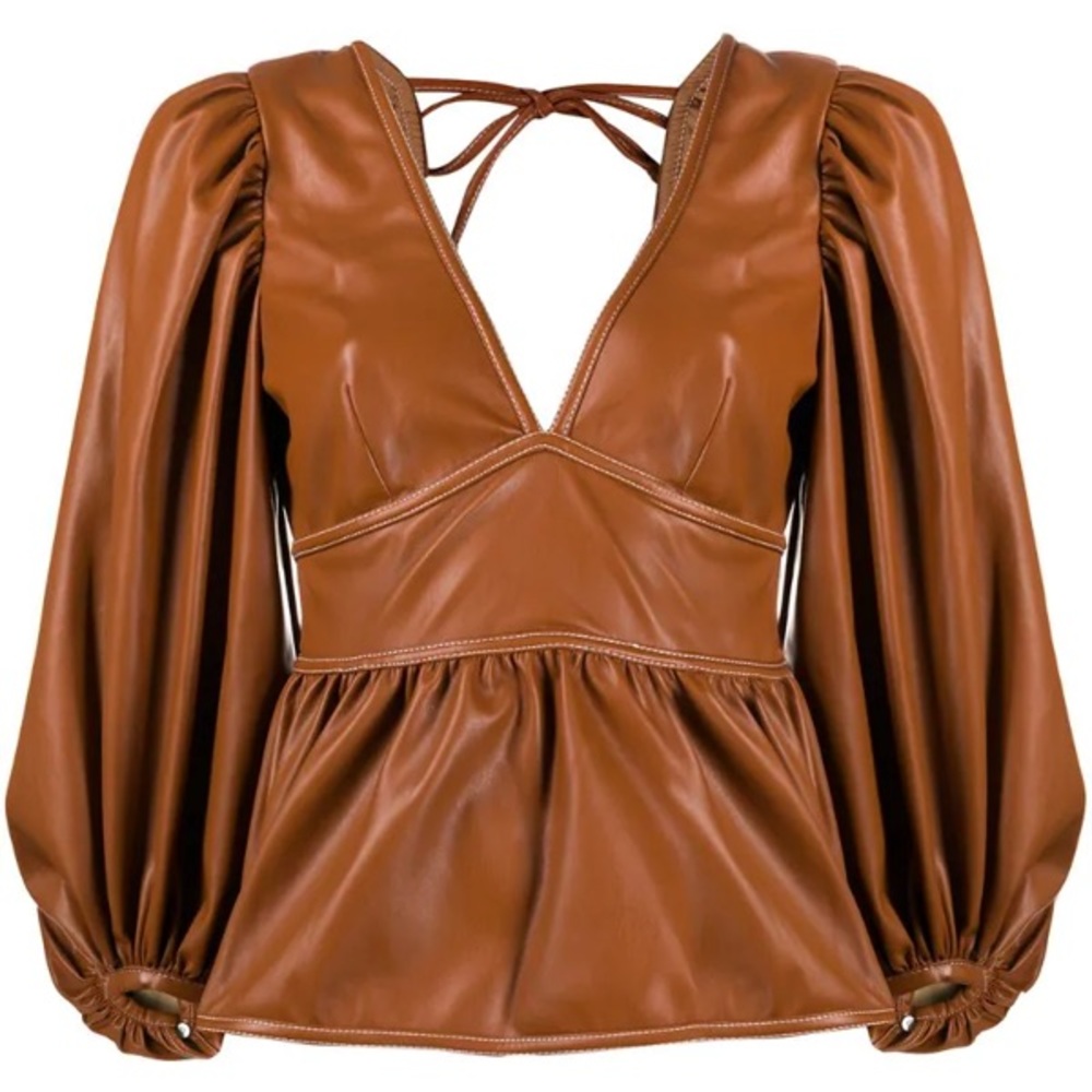 Staud faux leather Luna Brown puff sleeve top NWOT